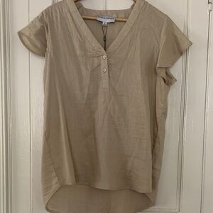 Alex & Parker stone linen flutter sleeve blouse womens new
